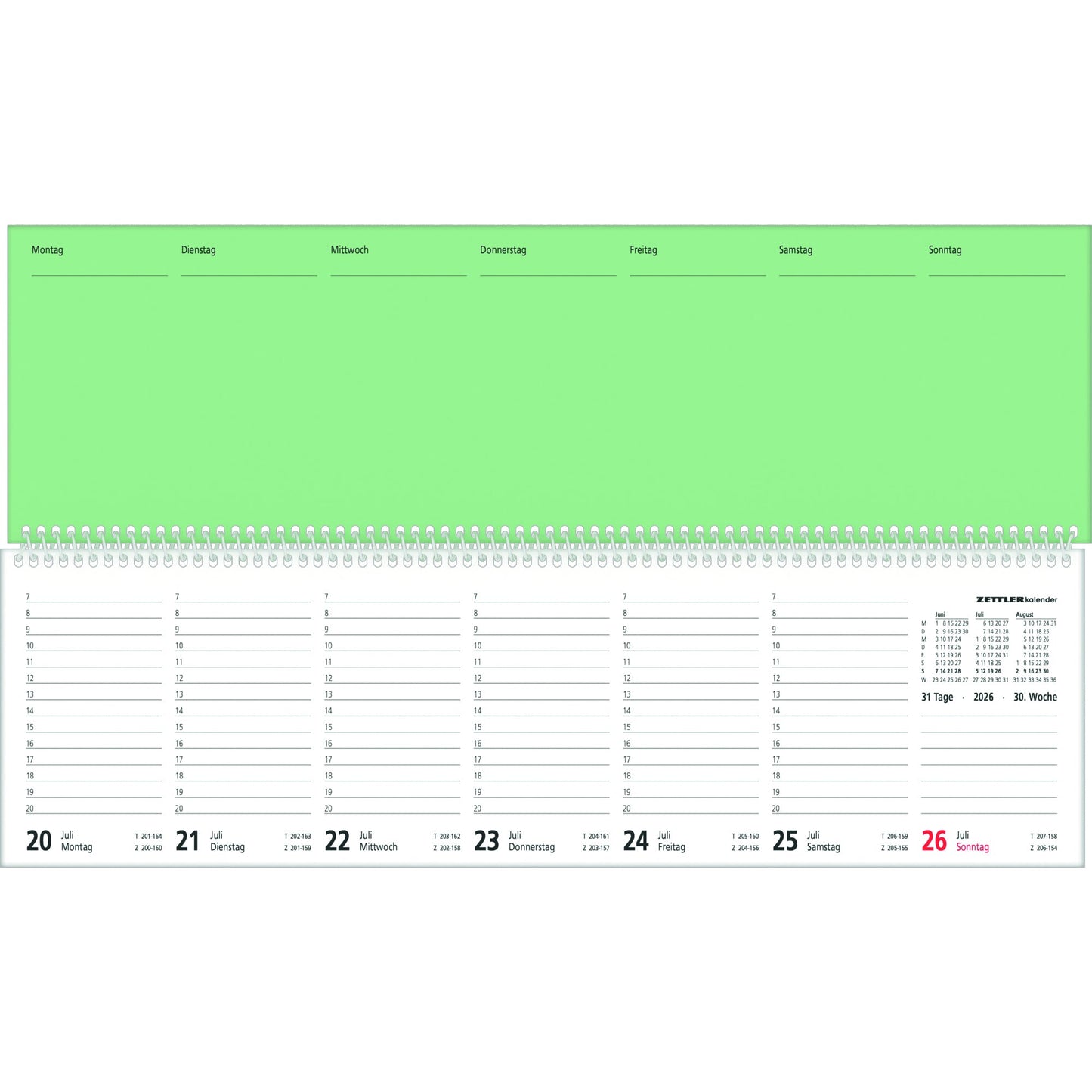ZETTLER Querkalender 2026 1 Woche/2 Seiten Karton grün