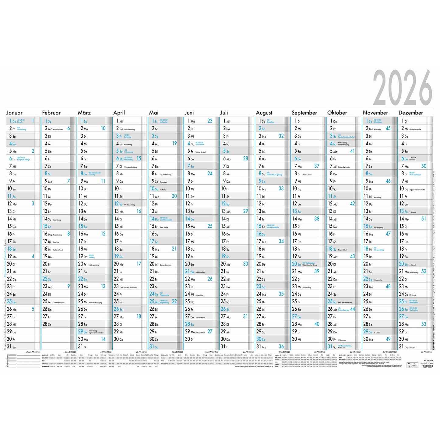 ZETTLER Plakatkalender 2026 100 x 70 cm (B x H) 12 Monate/1 Seite Karton 5 St./Pack.