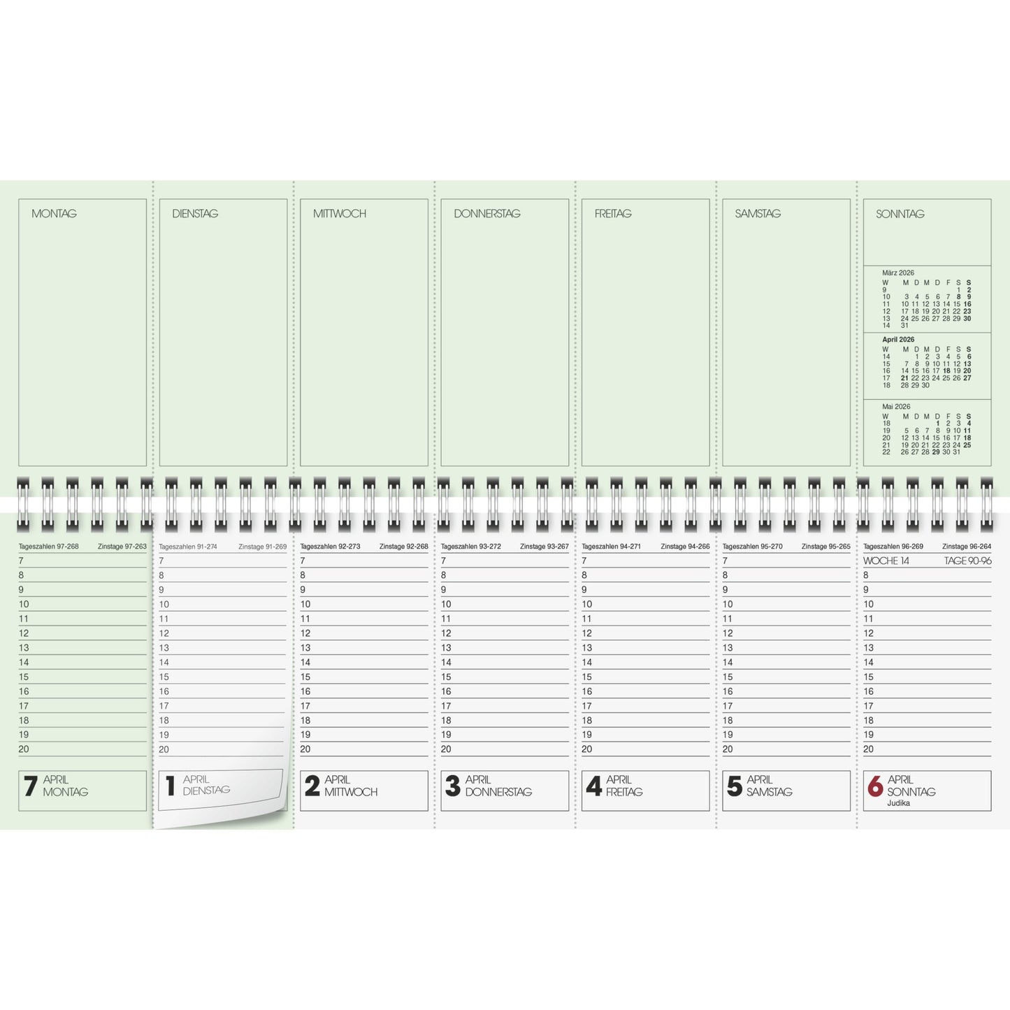 Glocken Querkalender 2026 1 Woche/2 Seiten Karton grün