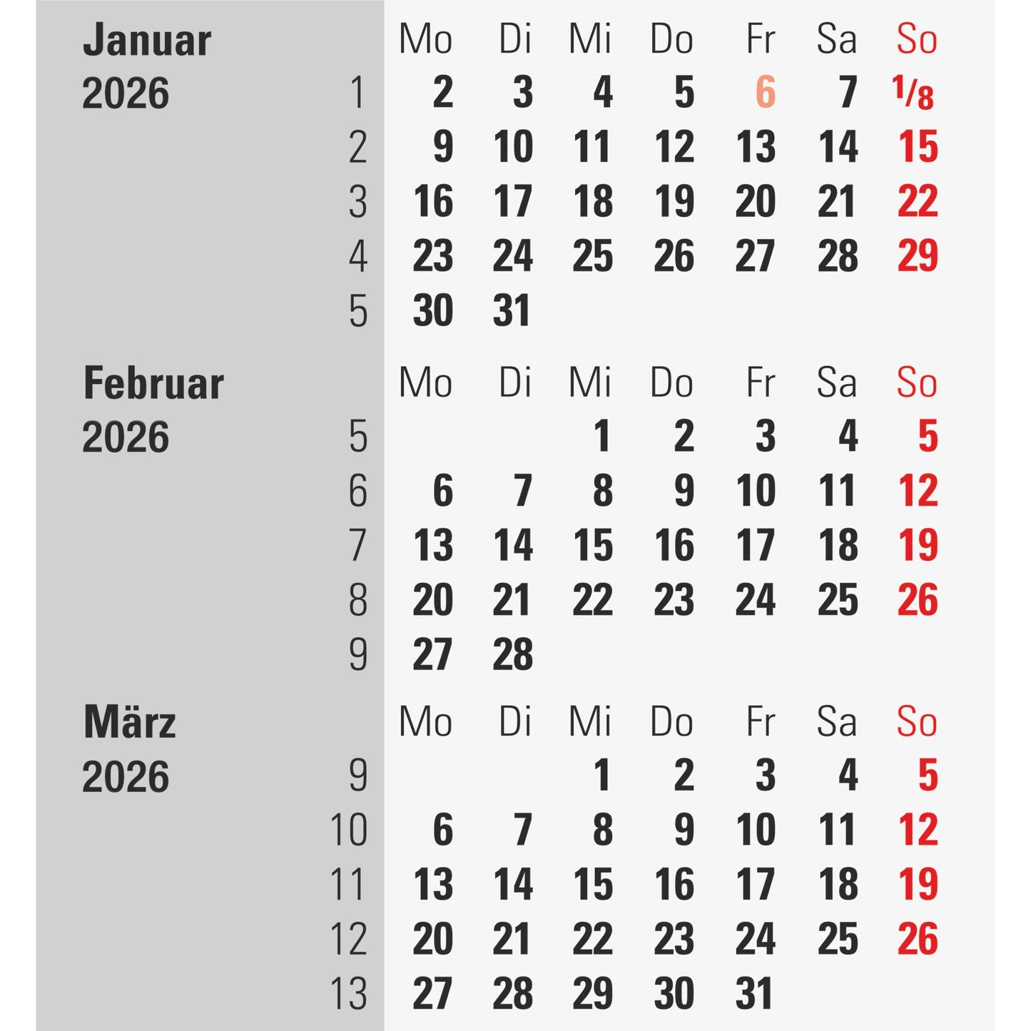 rido/idé Tischkalender 2026 3 sichtbare Monatsblöcke schwarz