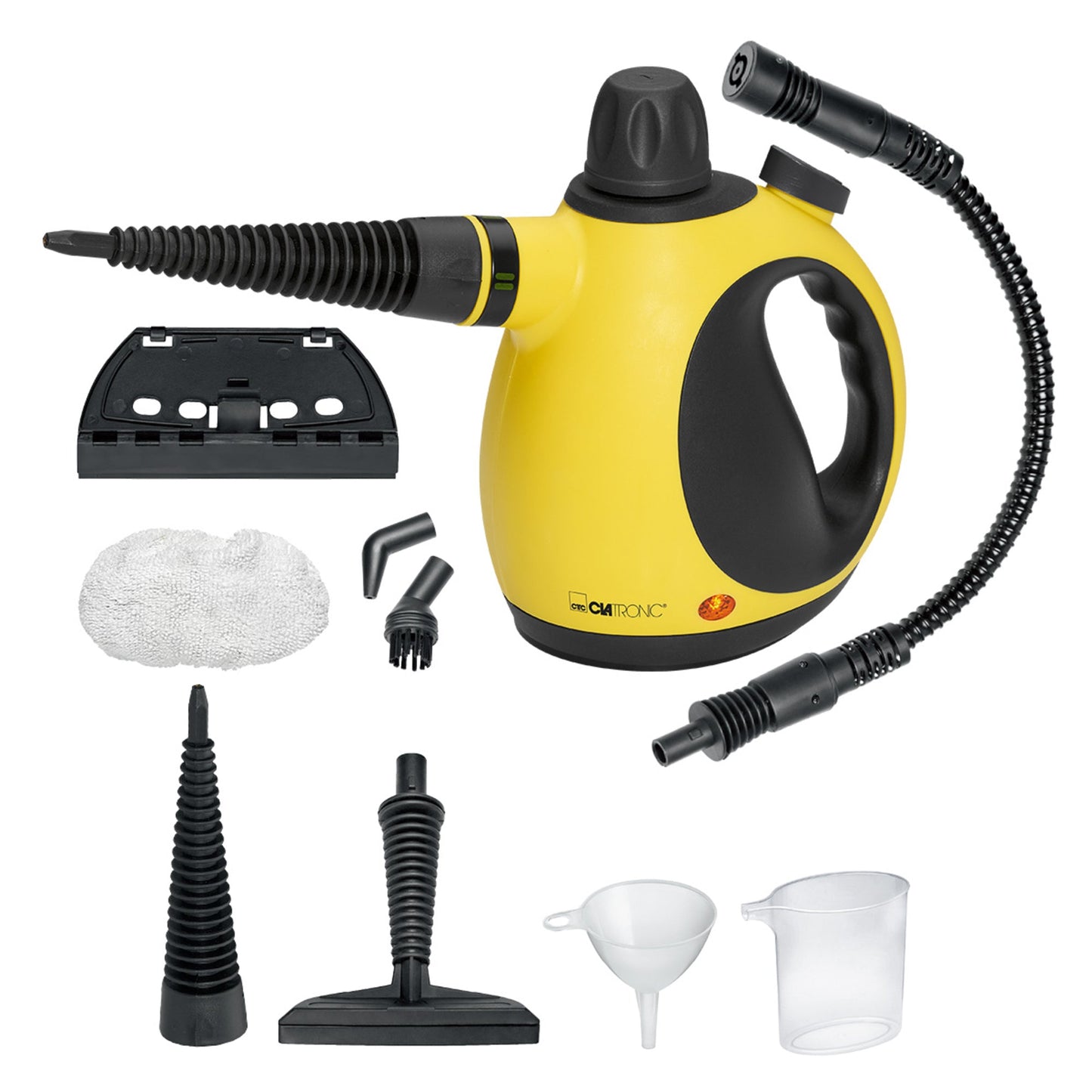 Clatronic Dampfreiniger DR 3653 25 x 22,5 x 13,5 cm (B x H x T) 0,25l Netzbetrieb 900-1.050W inkl. Bürsten-, Winkel-, Vlies-, Fensterreinigungs- und universeller Reinigungsaufsatz, 360° schwenkbare Dampfdüse, Schlauch, Messbecher, Trichter