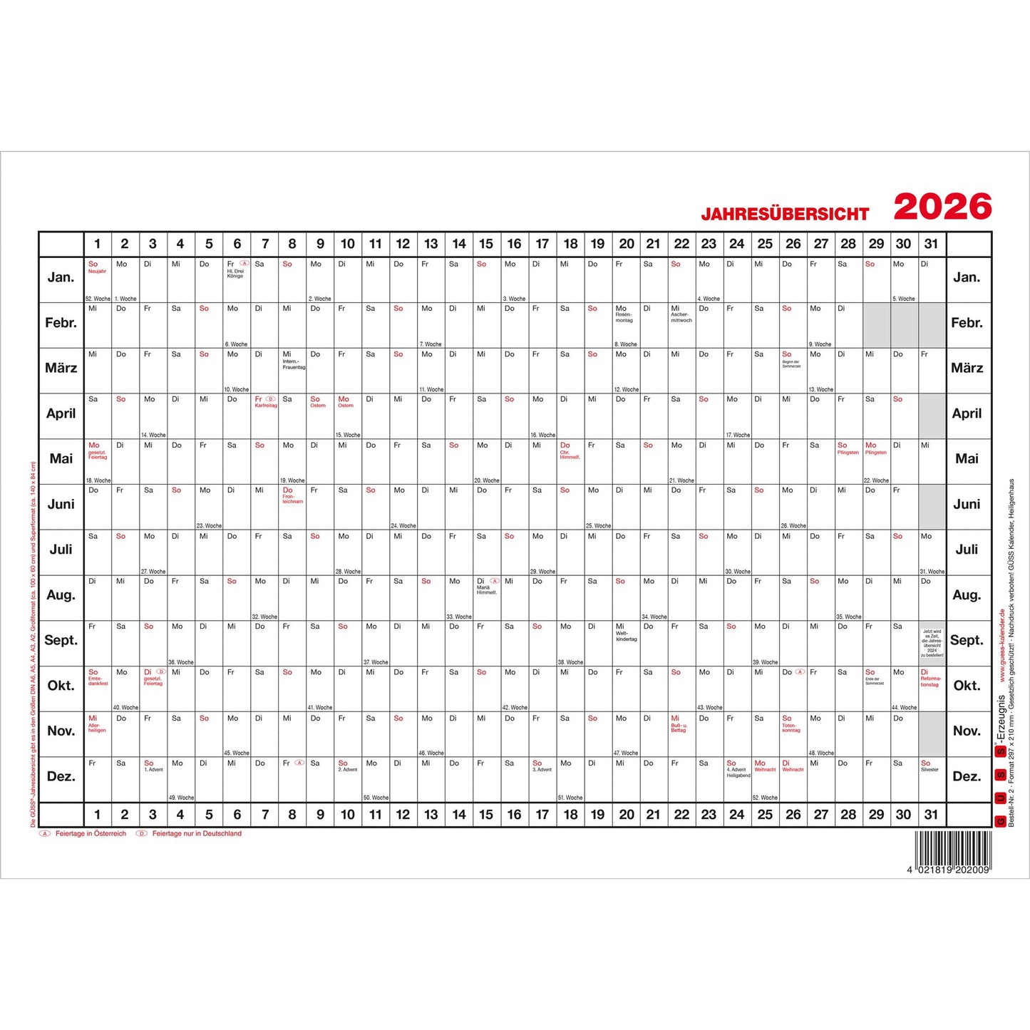 GÜSS® Plakatkalender Jahresübersicht 2026 DIN A3 quer 42 x 30 cm (B x H) 12 Monate/1 Seite Karton