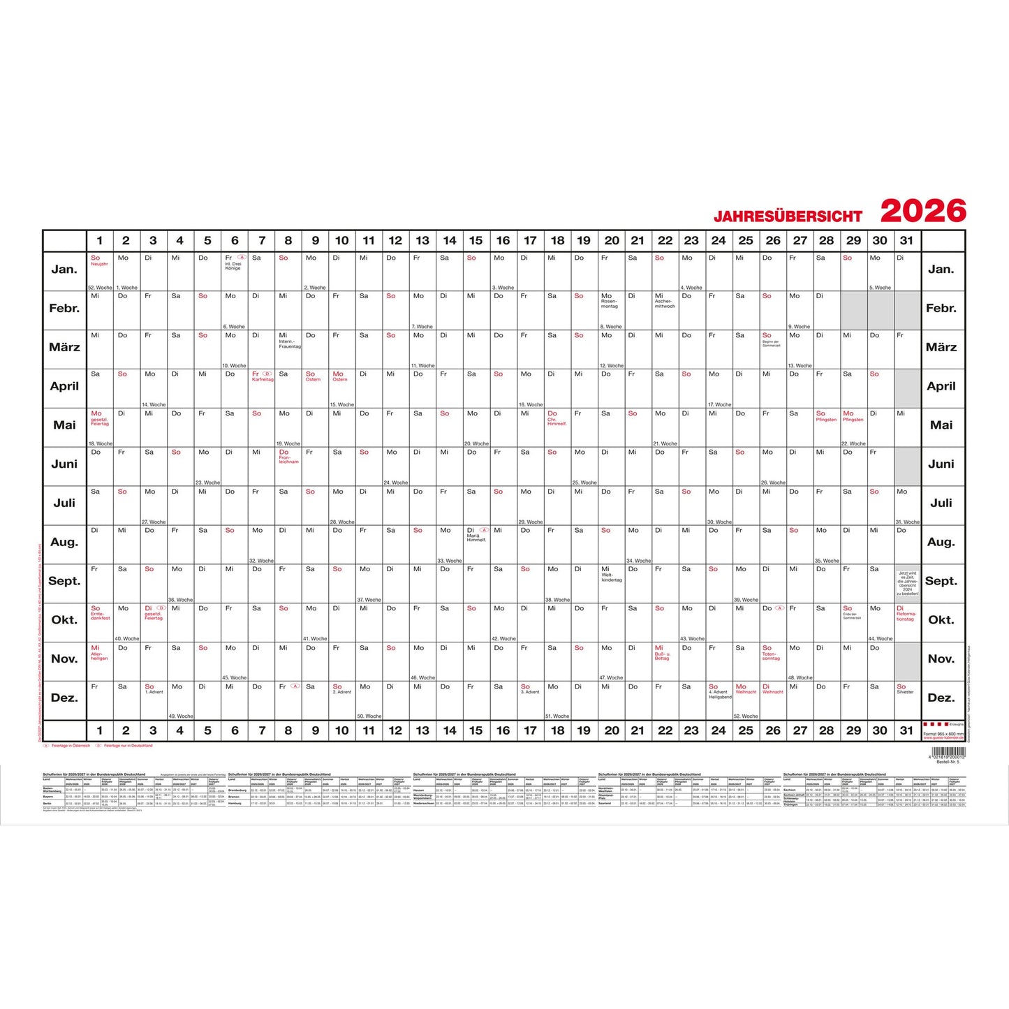 GÜSS® Plakatkalender 2026 140 x 84 cm (B x H) 12 Monate/1 Seite Karton