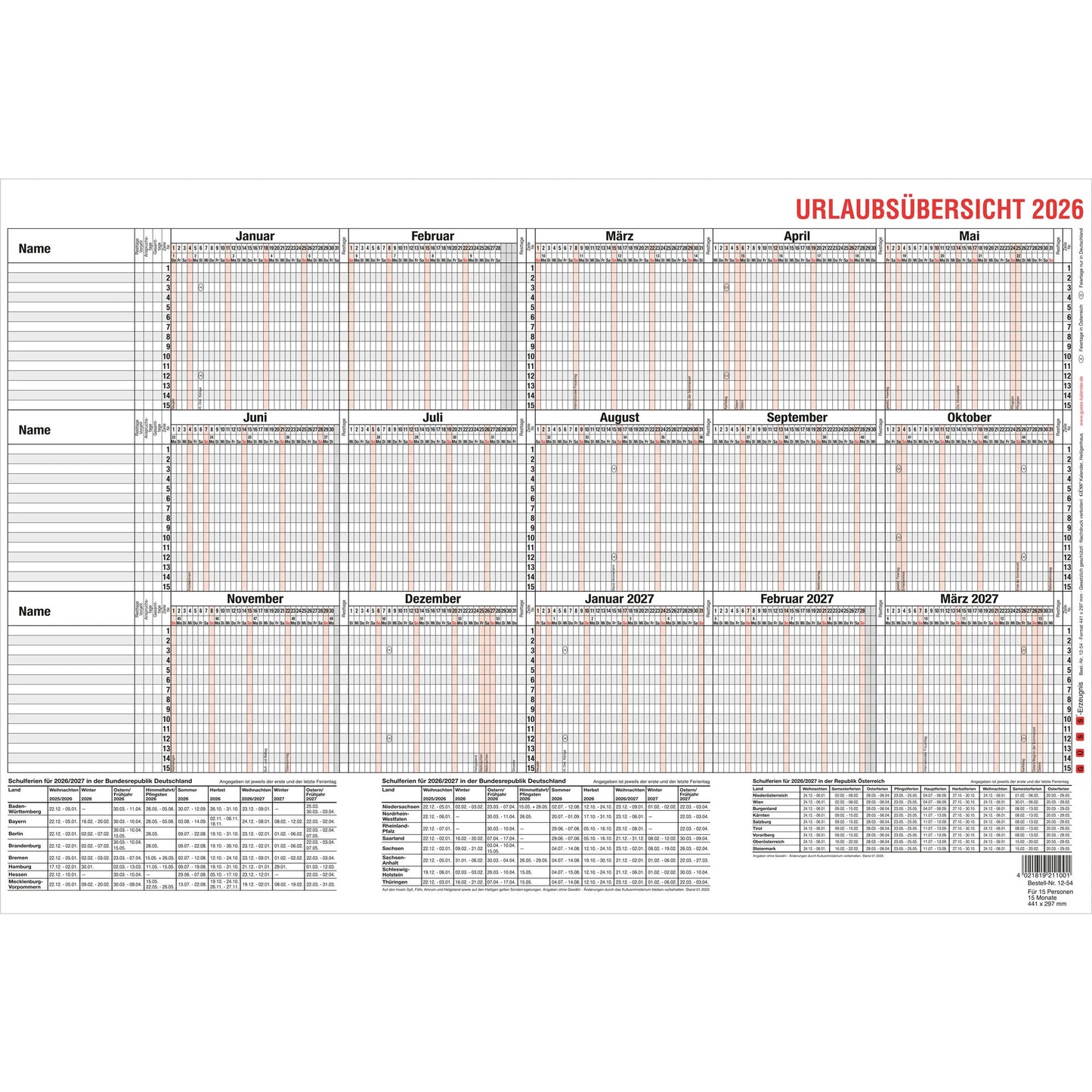 GÜSS® Urlaubsübersicht 2026 44,1 x 29,7 cm (B x H) Karton schwarz/rot