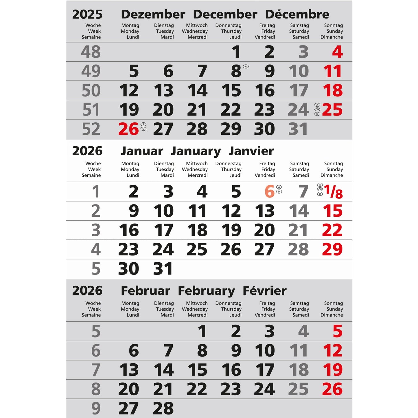 GÜSS® Ersatzeinlage Aufstellkalender 2026 Monatsplan 3 Monate/1 Seite schwarz/rot