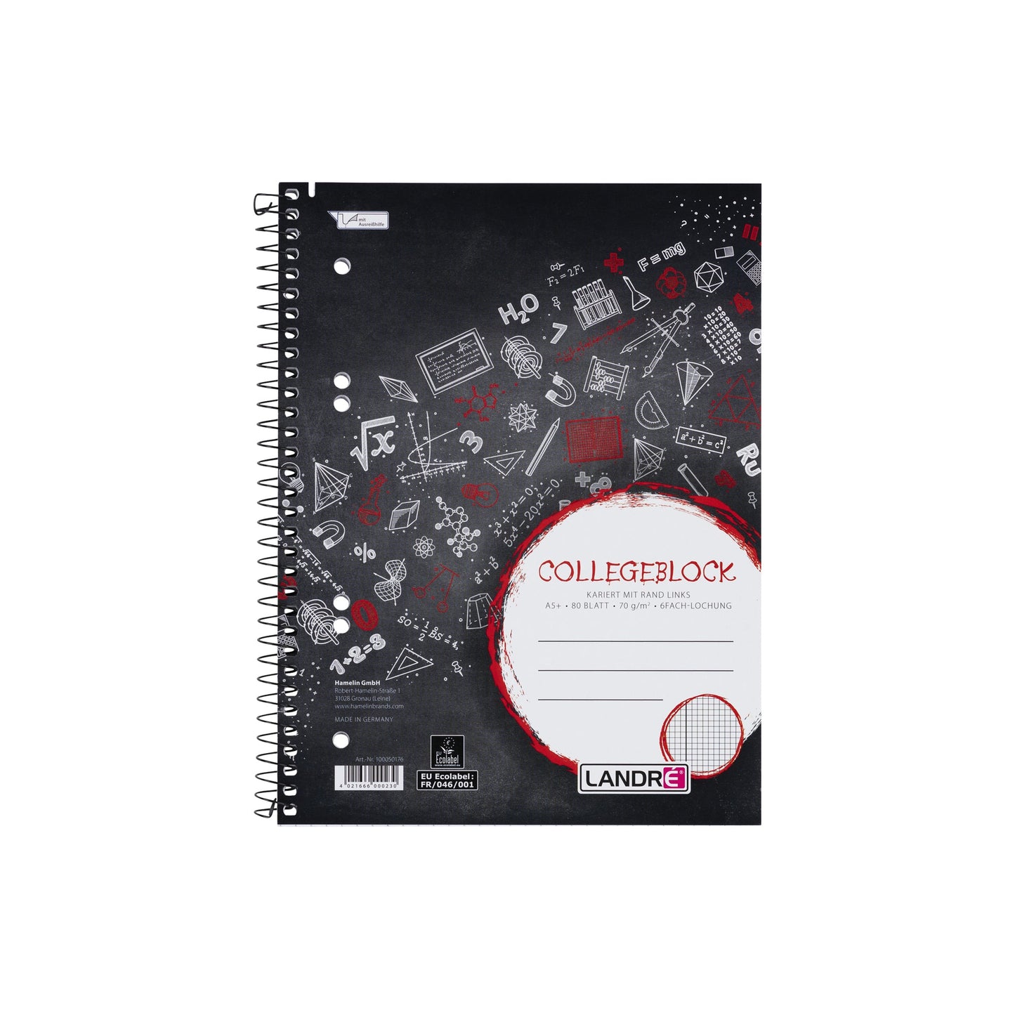 Landré Collegeblock DIN A5+ kariert mit Rand innen 70g/m² schwarz/rot 80 Bl.