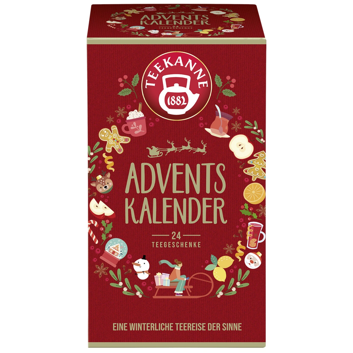 Teekanne Tee Adventskalender Süßer Bratapfel, Winterzeit, Schneeträumchen, Rooibos Vanille, Sweet Kiss, Italienische Limone, Mediterraner Pfirsich, Türkischer Apfel, Spanische Orange, Schwedische Blaubeere, Marokkanische Minze, New York Chai 24 Btl./Pack.
