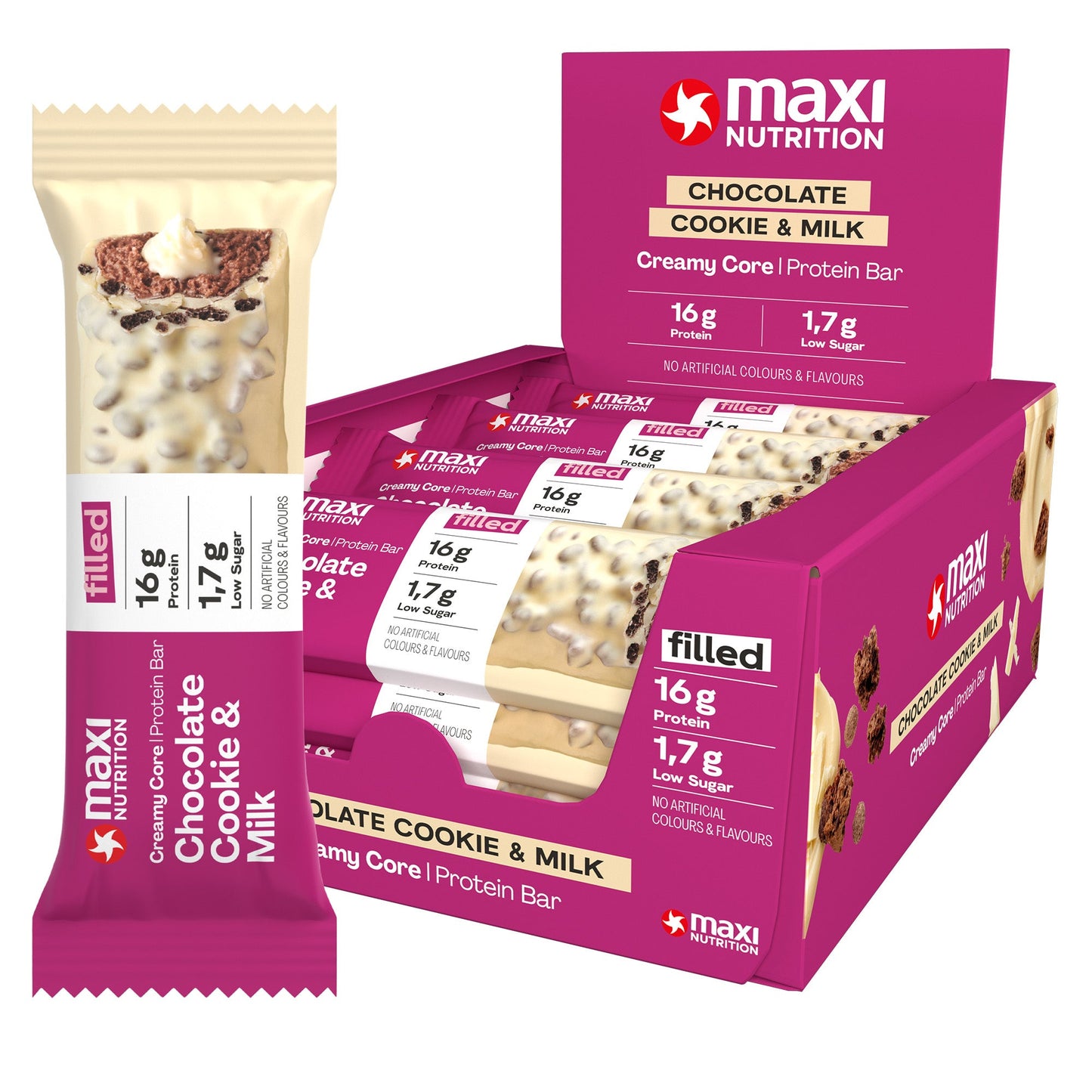 MaxiNutrition Proteinriegel Creamy Core Chocolate Cookie & Milk 12 x 45 g/Pack.