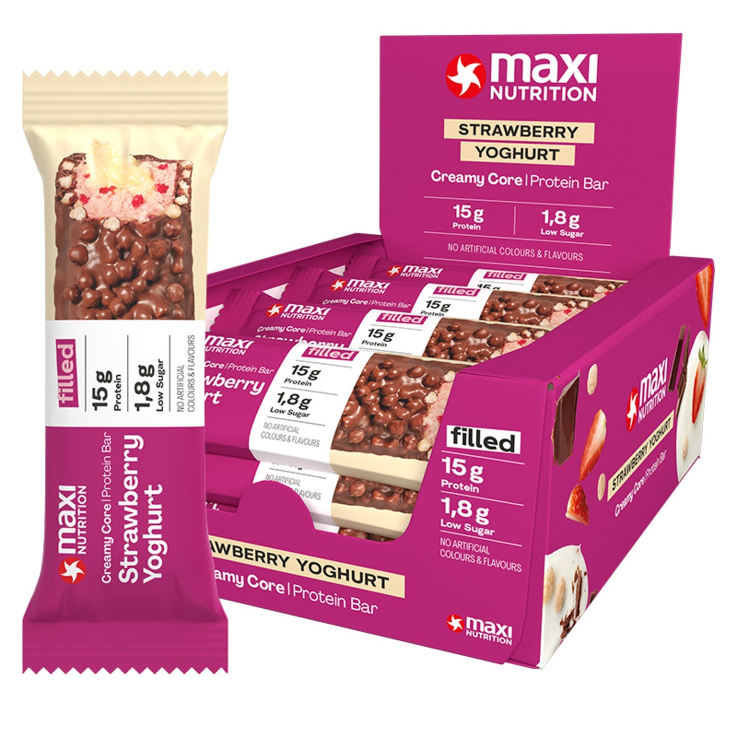 MaxiNutrition Proteinriegel Creamy Core Strawberry Yoghurt 12 x 45 g/Pack.
