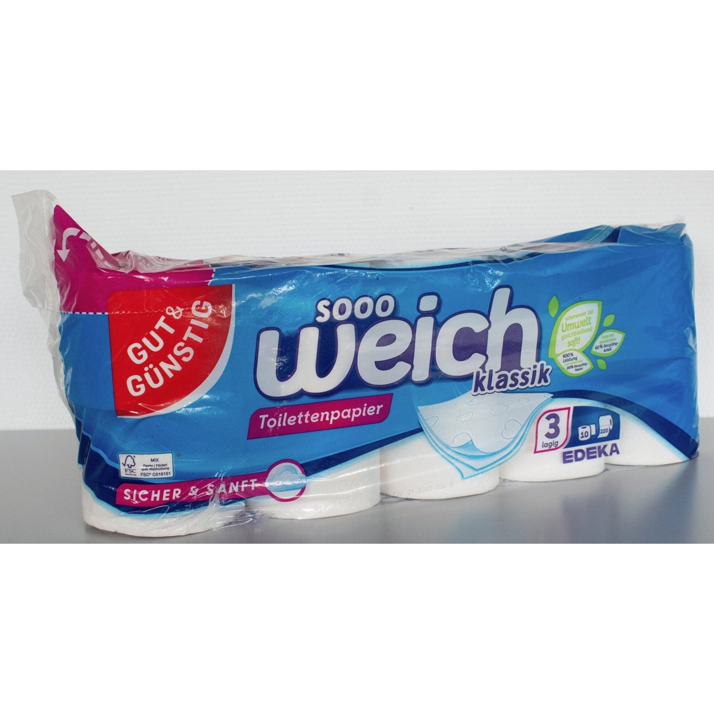 GUT & GÜNSTIG Toilettenpapier sooo weich Klassik 3-lagig weiß 220 Bl./Rl. 10 Rl./Pack.