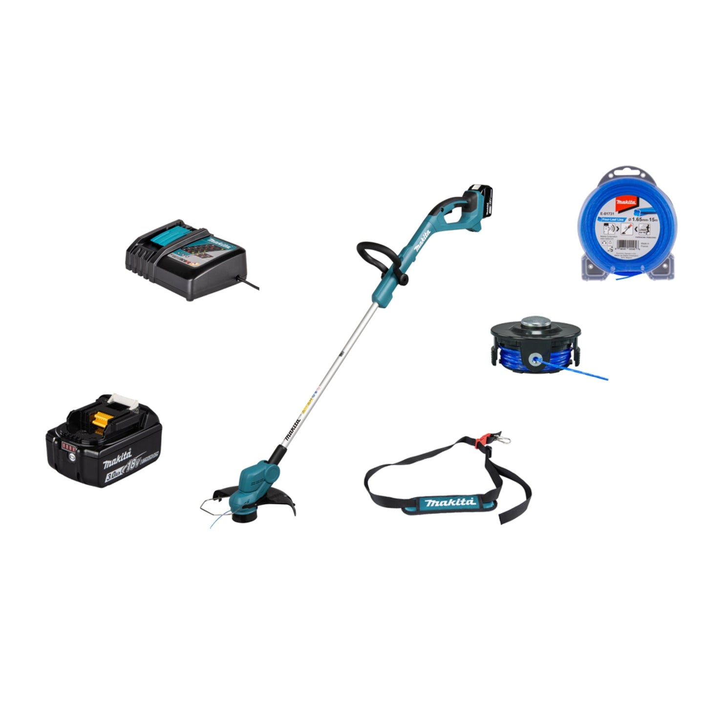 Makita® Rasentrimmer DUR193 26cm 7.800 U/Min. Akku inkl. Schnellladegerät DC18RC, Akku BL1830B, 1-Fadenkopf Tap&Go (1,65 mm), Mähfaden Four-Leaf, Schultergurt kein Zubehör erforderlich