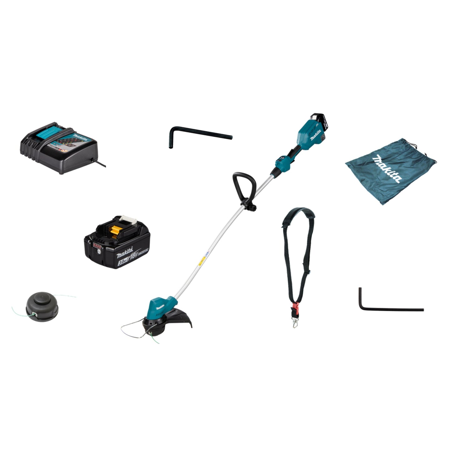 Makita® Rasentrimmer DUR189 25,5/30cm Stufe 1: 4.000, Stufe 2: 5.000, Stufe 3: 6.000 U/Min. Akku inkl. Schnellladegerät DC18RC, Akku BL1830B, 2-Fadenkopf Tap&Go (2 mm), Sechskantstiftschlüssel (4/5 mm), Zubehörbeutel kein Zubehör erforderlich