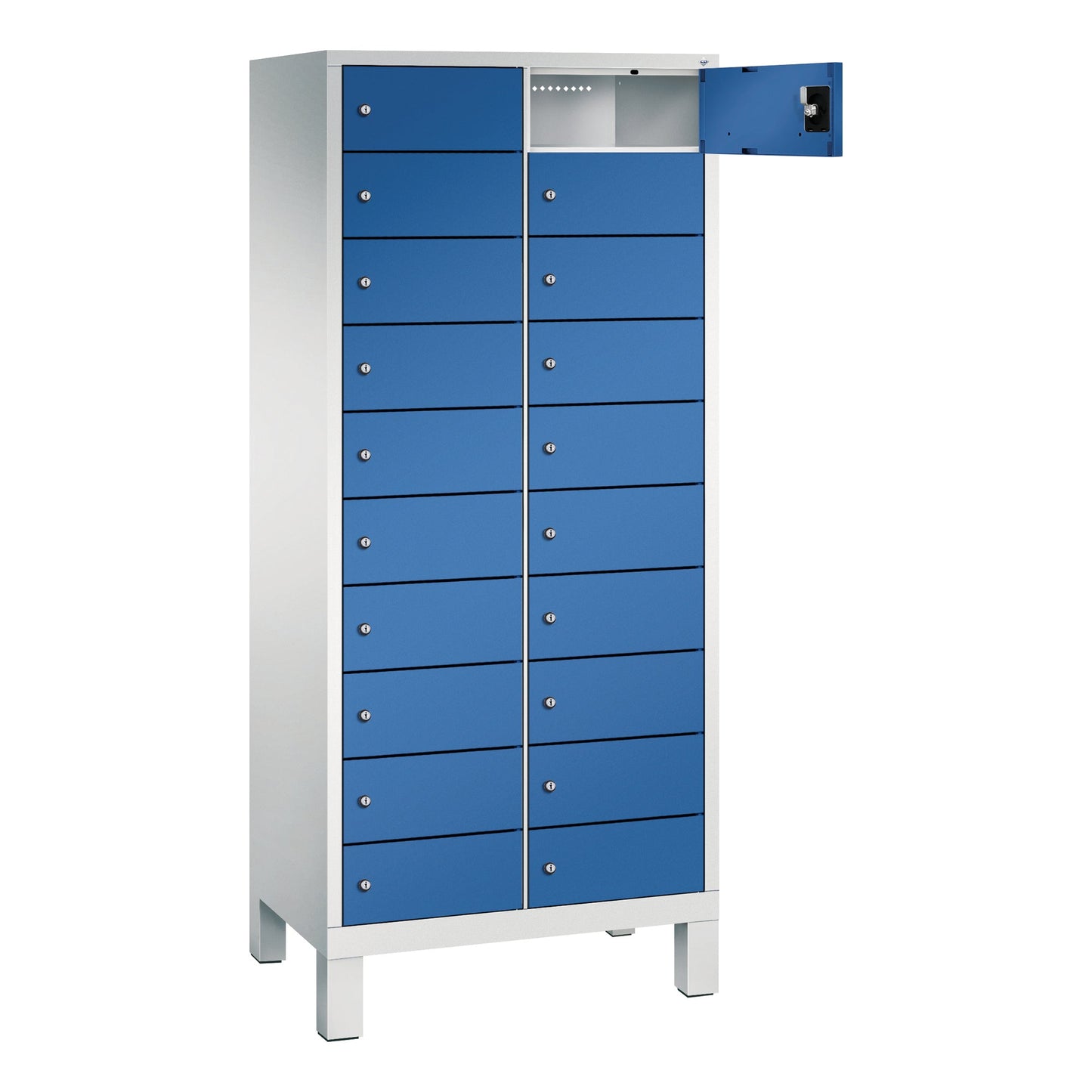 C+P Schließfachschrank Evolo48 Notebooks, Tablets, Smartphones 2 x 10 Fächer Stahl, lackiert Farbe der Front: enzianblau