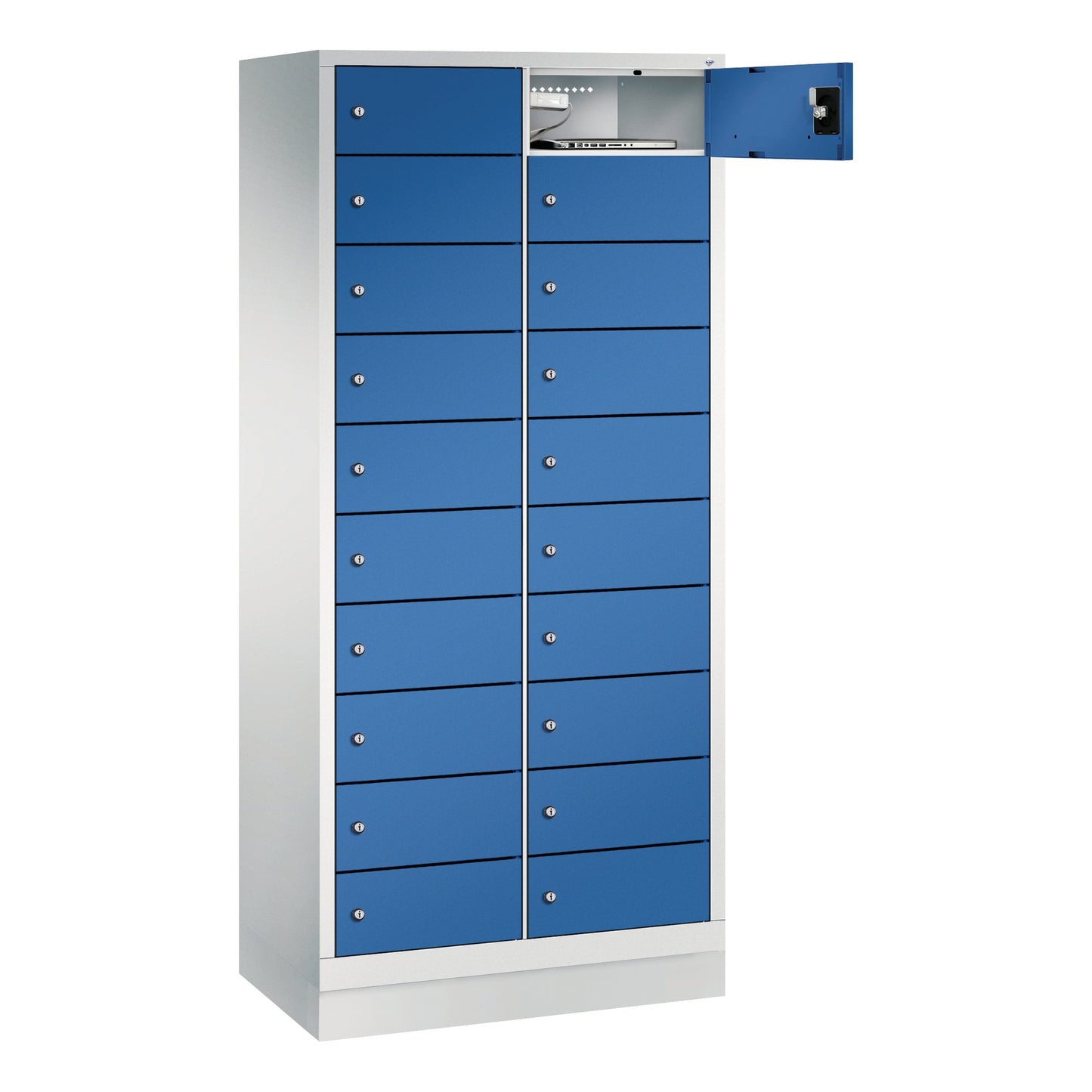 C+P Schließfachschrank Evolo48 Notebooks, Tablets, Smartphones 2 x 10 Fächer Stahl, lackiert Farbe der Front: enzianblau