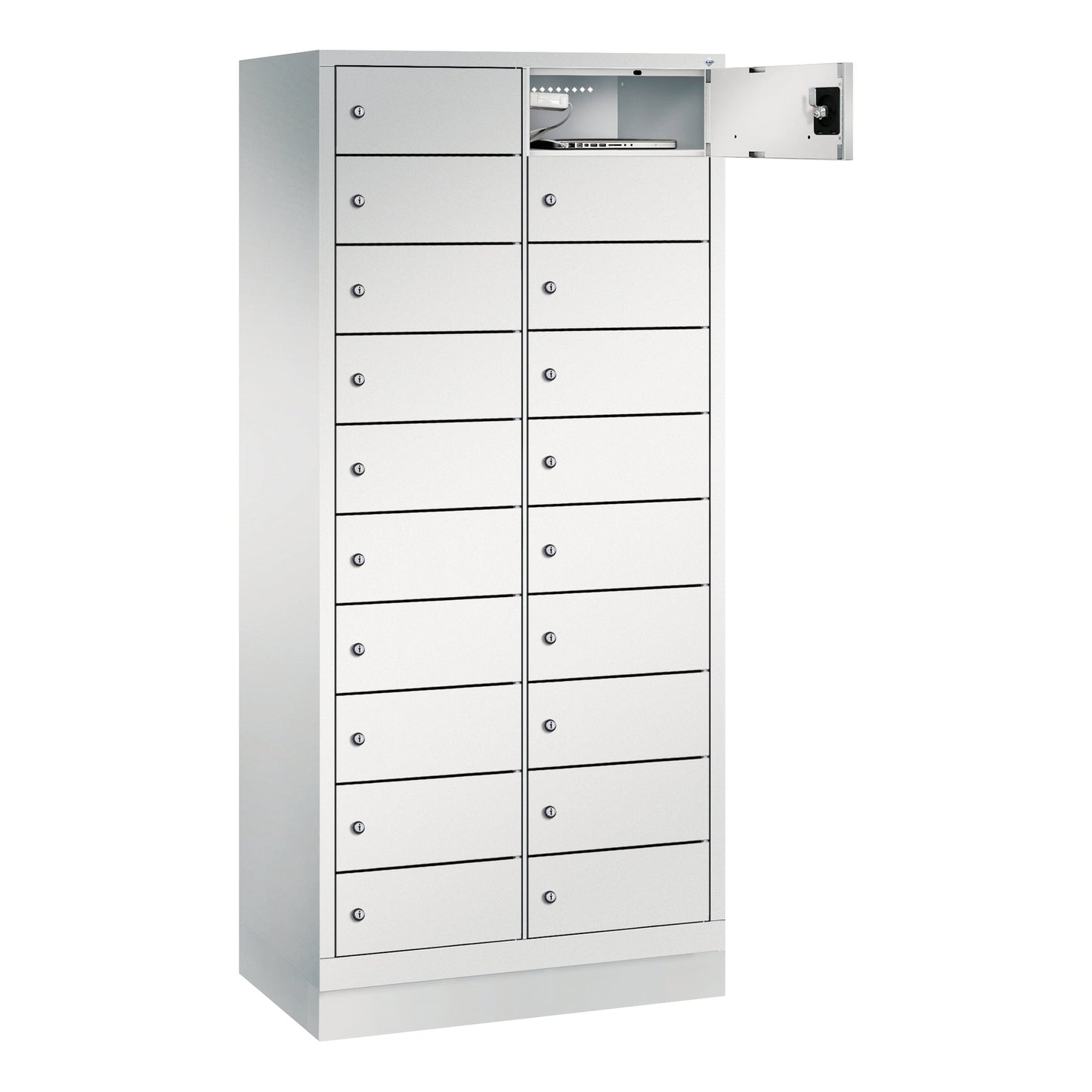 C+P Schließfachschrank Evolo48 Notebooks, Tablets, Smartphones 2 x 10 Fächer Stahl, lackiert Farbe der Front: lichtgrau