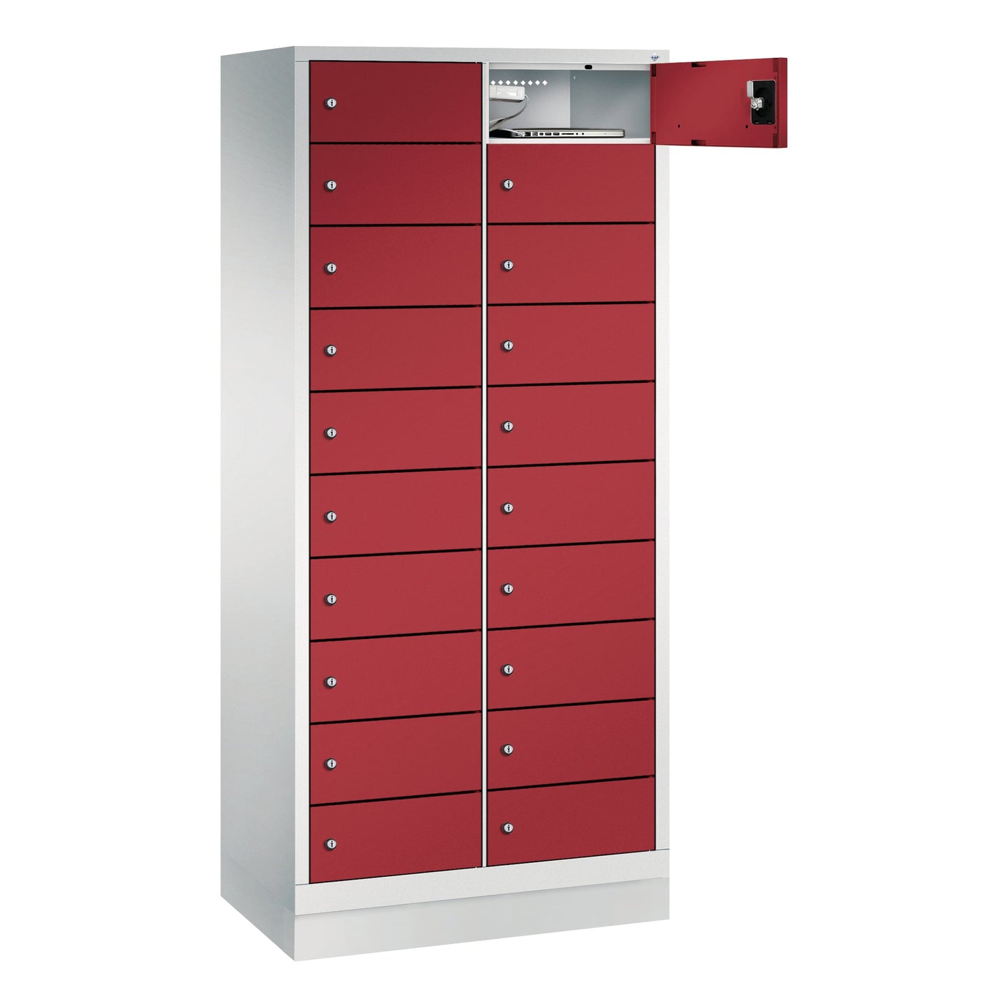 C+P Schließfachschrank Evolo48 Notebooks, Tablets, Smartphones 2 x 10 Fächer Stahl, lackiert Farbe der Front: rubinrot