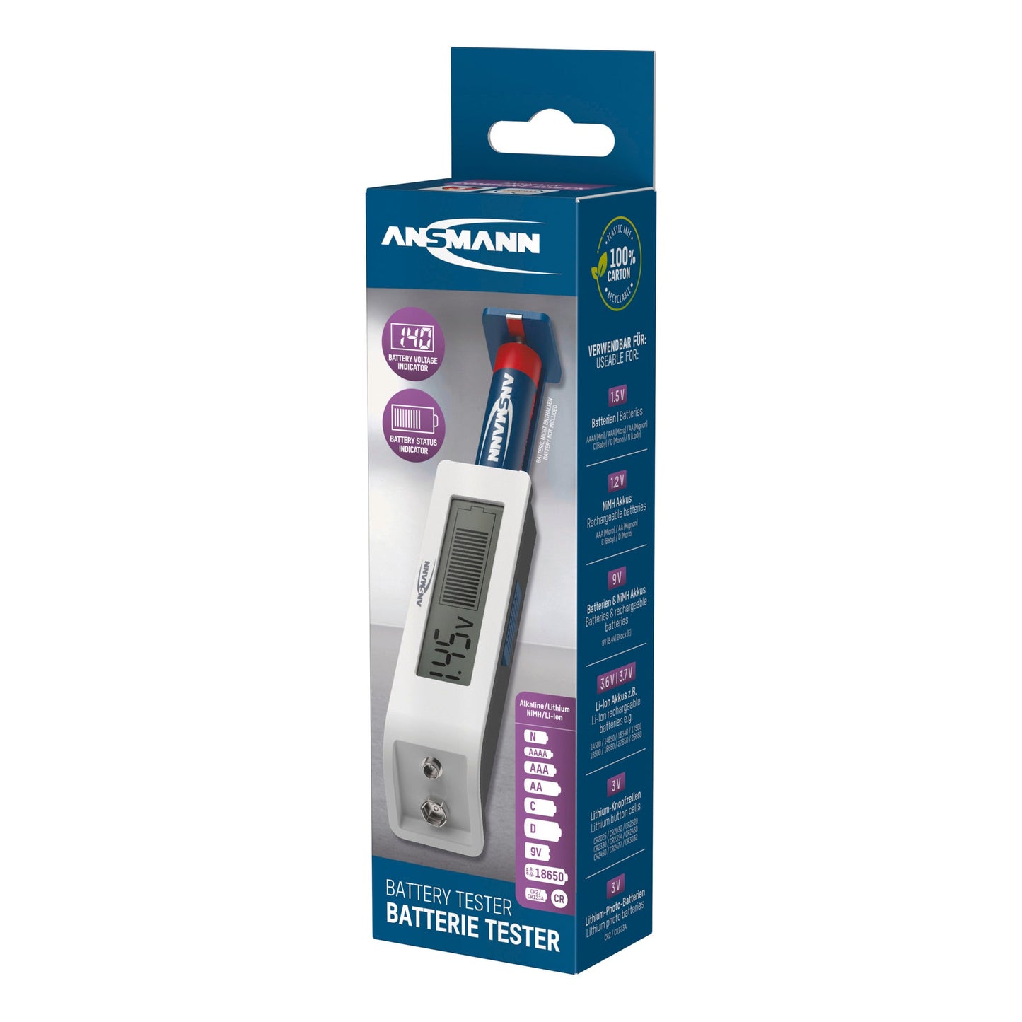 ANSMANN Batterietester Comfort Check AAAA/Mini, AAA/Micro, AA/Mignon, C/Baby, D/Mono, N/Lady, E/Block, 9V NiMH-Akkus, 3,6V/3,7V Li-Ion-Akkus, Knopfzellen, CR2, CR123A 11,1 x 3 x 2,7 cm (B x H x T)
