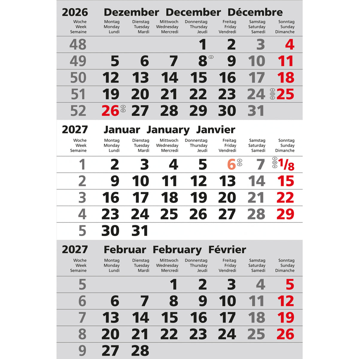 GÜSS® Ersatzeinlage Aufstellkalender 2027 Monatsplan 3 Monate/1 Seite schwarz/rot