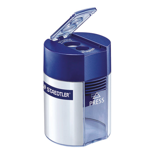 STAEDTLER® Doppelspitzdose 8,2 und 10,2mm rund Material des Spitzers: Metall Material des Behälters: Kunststoff silber/transparent/blau