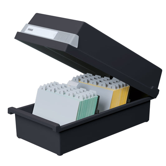 HAN Karteikasten 23,4 x 18 x 36 cm (B x H x T) DIN A5 quer 1.300 Karten Polystyrol schwarz 2 Stützplatten