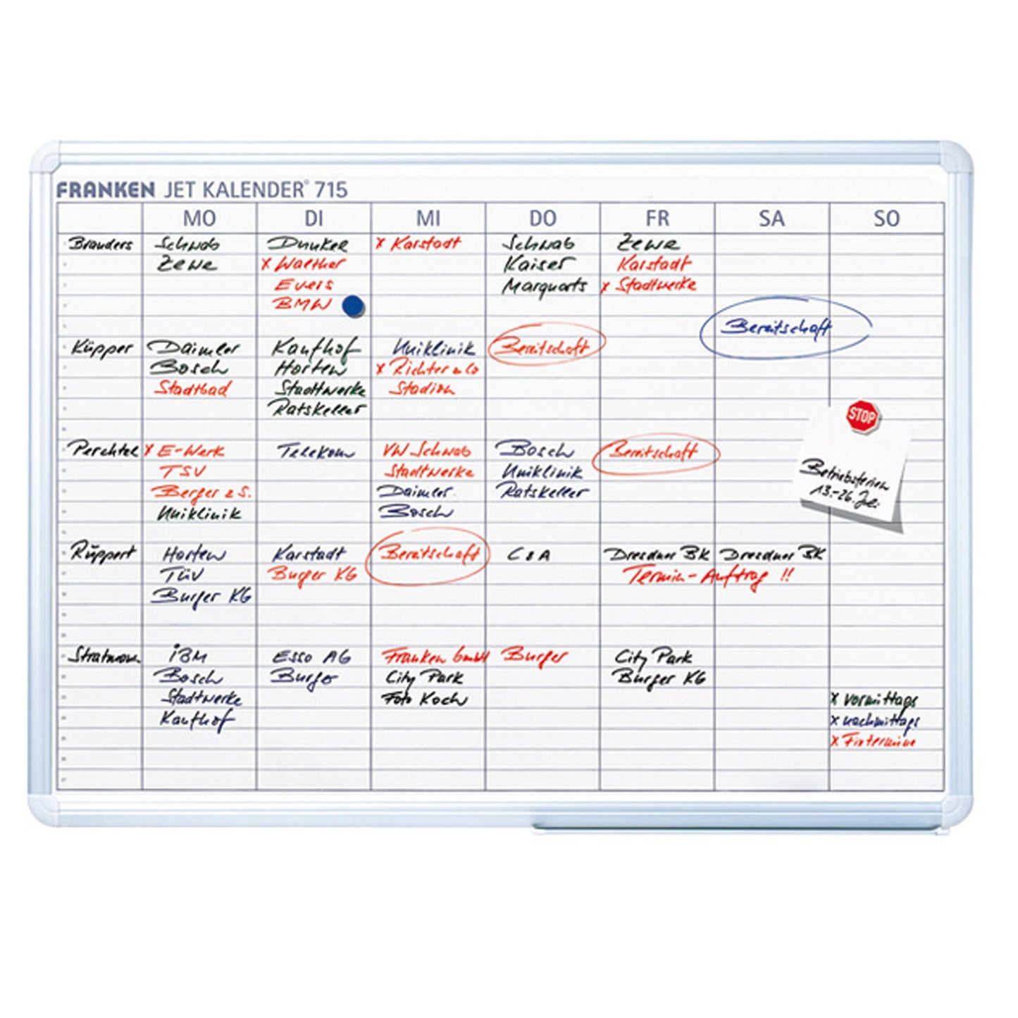 FRANKEN Wochenplaner JetKalender 715 90 x 60 cm (B x H) inkl. 1 Tafelschreiber trocken abwischbar, 1 FineMarker feucht abwischbar, 3 Haftmagnete Aluminium/Kunststoff weiß