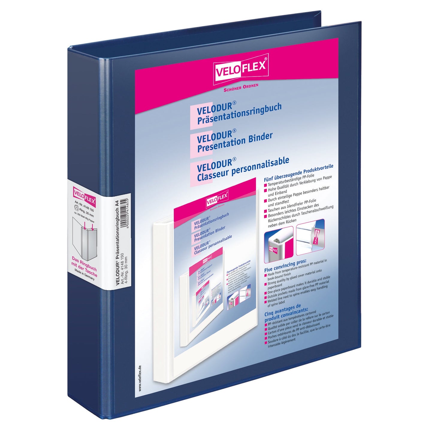 Veloflex Präsentationsringbuch VELODUR® 40mm DIN A4 2 Ringe, D-Mechanik Pappe dunkelblau