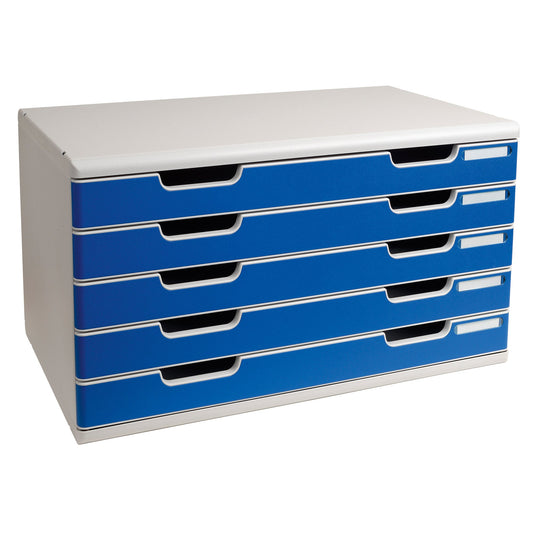 Exacompta Schubladenbox MODULO 5 Schubladen DIN A3+ Polystyrol Gehäusefarbe: lichtgrau Farbe der Schublade: blau