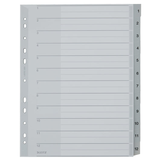 Leitz Zahlenregister DIN A4, Überbreite 250g/m² 1-12 Polypropylen grau