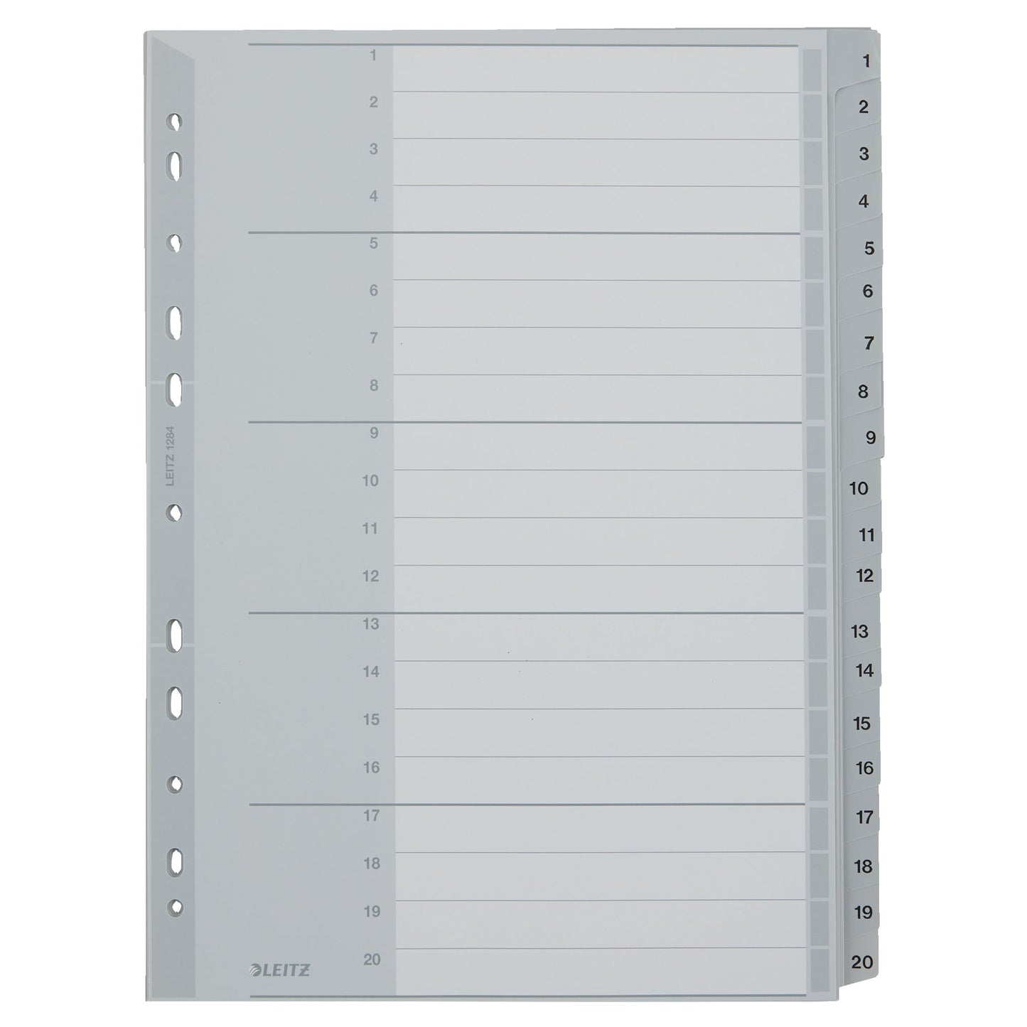 Leitz Zahlenregister DIN A4, Überbreite 250g/m² 1-20 Polypropylen grau