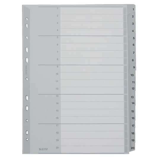Leitz Zahlenregister DIN A4, Überbreite 250g/m² 1-20 Polypropylen grau