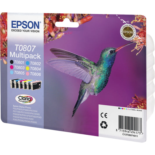 Epson Tintenpatrone Originalzubehör T0807 ca. 330 Seiten schwarz, ca. 5 x 435 Seiten farbig schwarz, mehrfarbig 6 x 7,4ml 6 St./Pack.