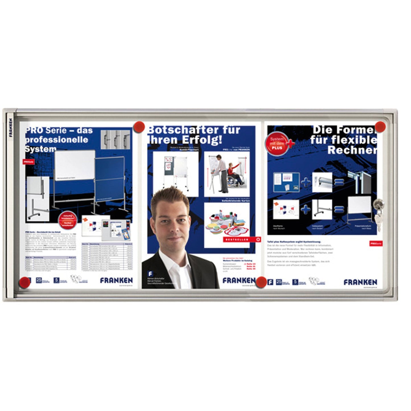 FRANKEN Schaukasten X-tra!Line Innenbereich 73 x 37 x 3 cm (B x H x T) 3 x DIN A4 mit Schloss Aluminium/Kunststoff silbereloxiert