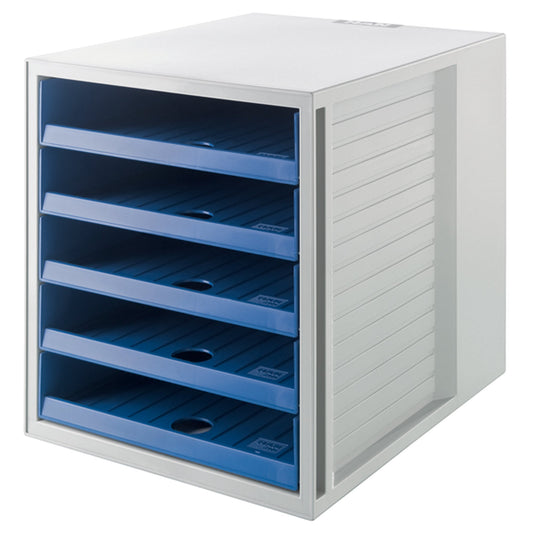 HAN Schubladenbox SCHRANK-SET KARMA 5 Schubladen DIN A4, DIN C4 Kunststoff, 80-100 % Rezyklat Gehäusefarbe: öko-grau Farbe der Schublade: öko-blau