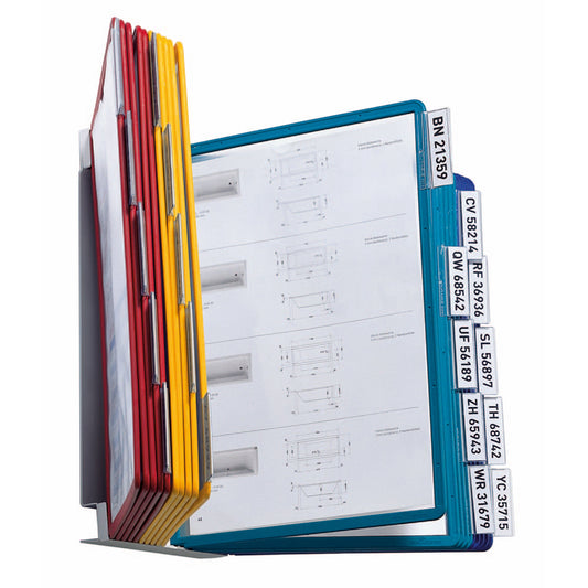 DURABLE Sichttafelwandhalter VARIO® wall 20 DIN A4 inkl. Reiter mit blanko Einsteckschildern zur Beschriftung der Sichttafeln Metall, Kunststoff je 5 x rot, gelb, grün, dunkelblau 20 Sichttafeln