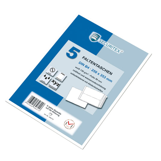 SECURITEX® Faltentasche DIN B4 250 x 353 mm (B x H) ohne Fenster 130g/m² mit Haftklebung Papier weiß 5 St./Pack.