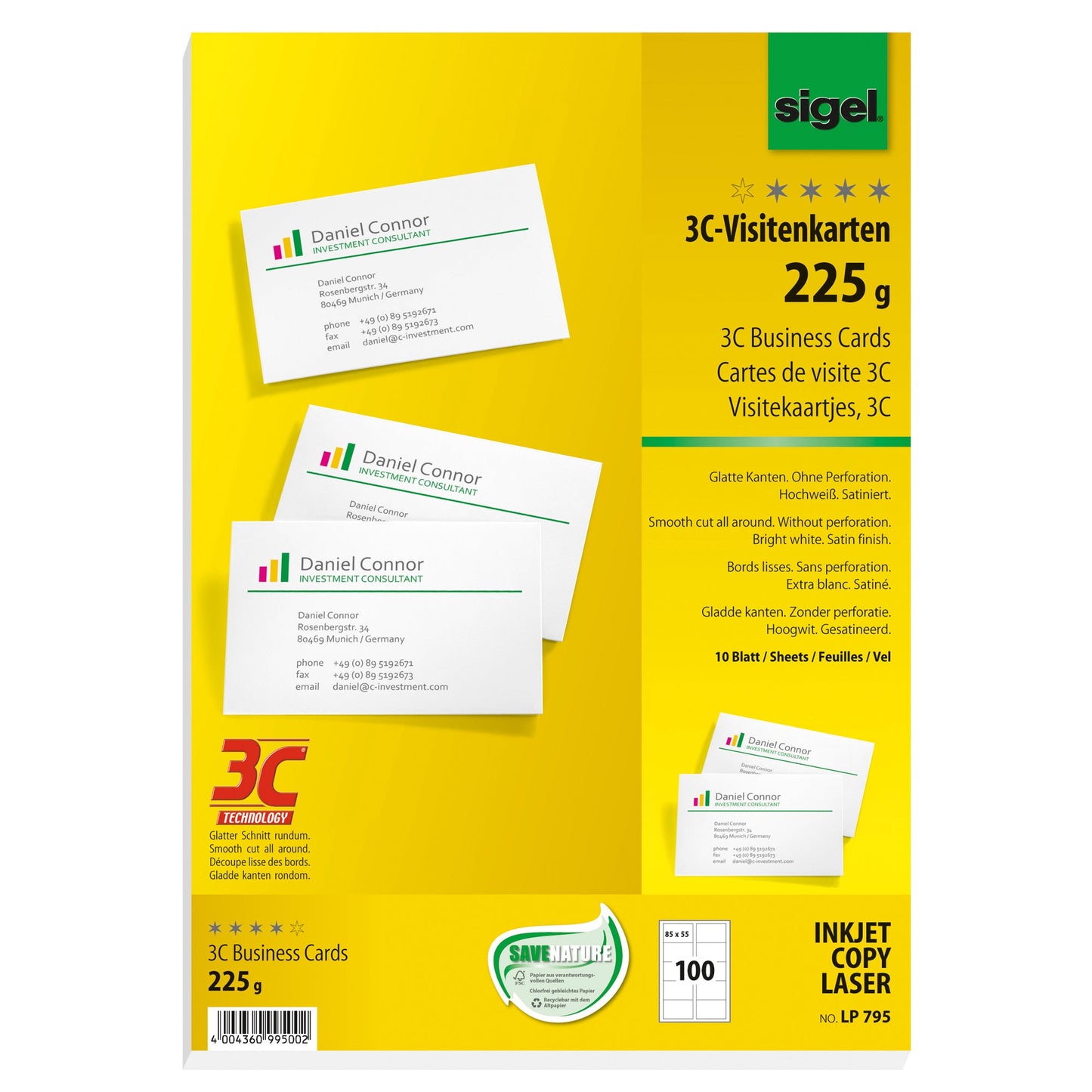 SIGEL Visitenkarte DIN A4 225g/m² hochweiß 10 Bl./Pack. 100 St./Pack.