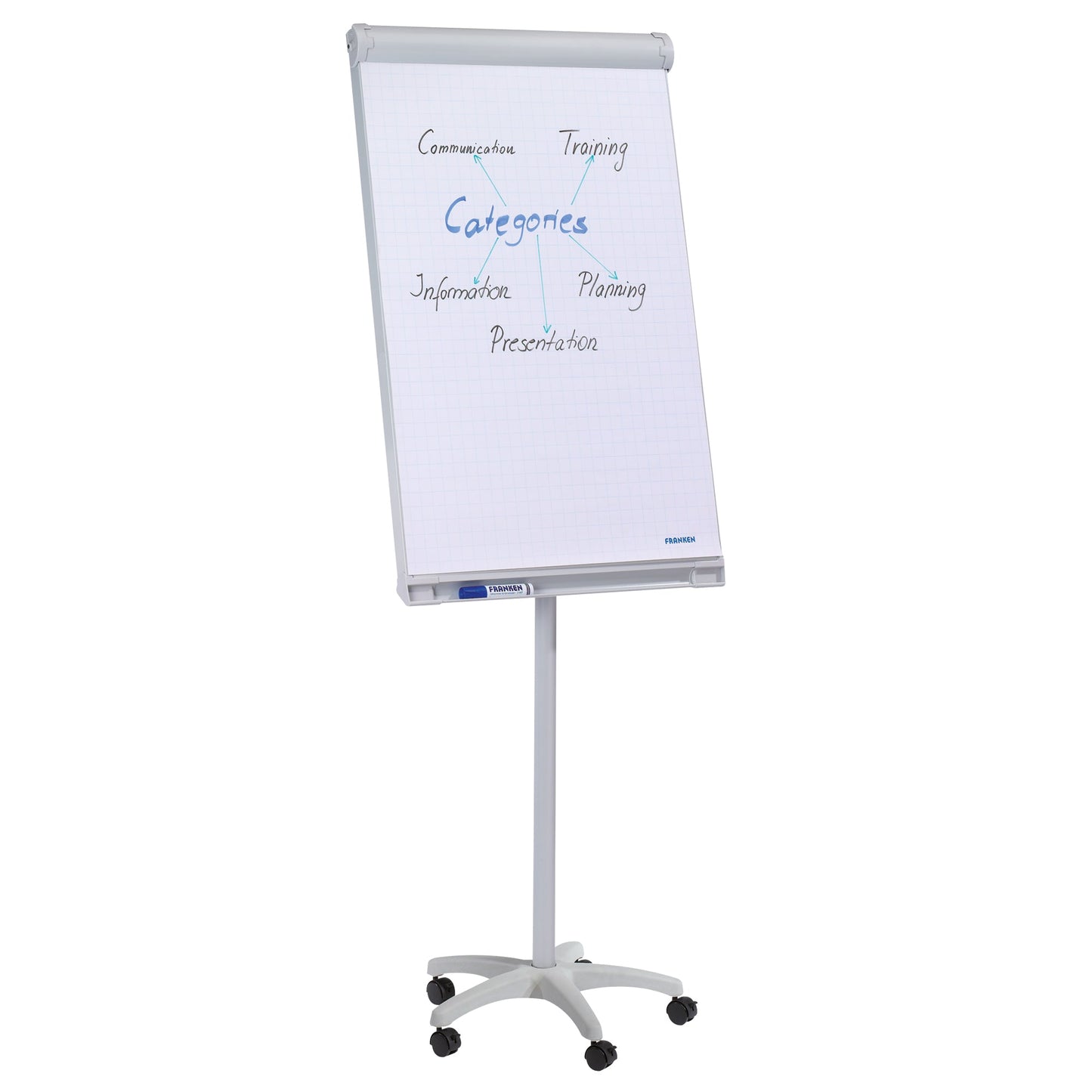 FRANKEN Mobiles Flipchart PRO mit Ablageschale Sternfuß mit 5 Rollen Stahl hellgrau