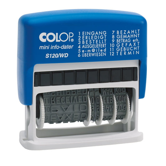 COLOP® Datumstempel mini-dater S120/WD 47 x 4 mm (B x H) EINGANG, ERLEDIGT, BESTELLT, AUSGELIEFERT, e-m@iled, ÜBERWIESEN, BEZAHLT, GEMAHNT, BETRAG erh., GEFAXT, GEBUCHT, TERMIN 1 Druckzeile blau/rot