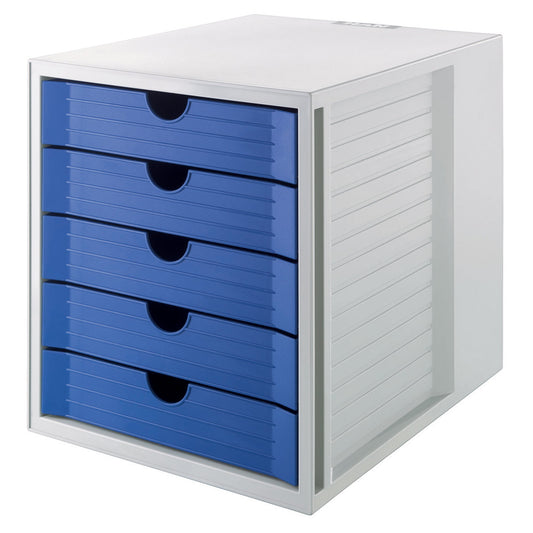 HAN Schubladenbox SYSTEMBOX KARMA 5 Schubladen DIN A4, DIN C4 Kunststoff, 80-100 % Rezyklat Gehäusefarbe: öko-grau Farbe der Schublade: öko-blau