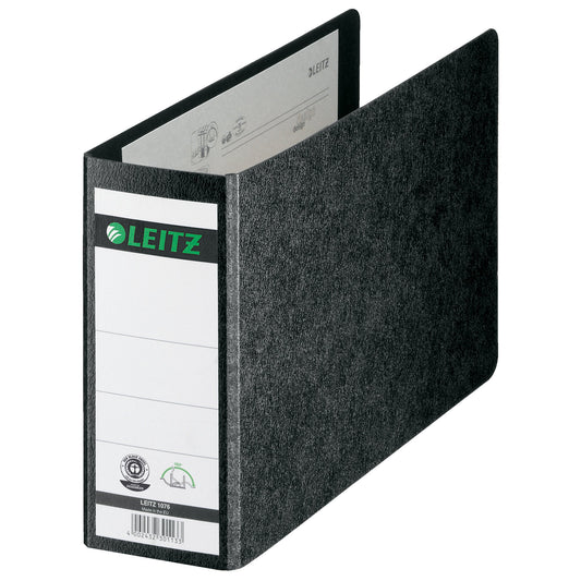 Leitz Ordner 80mm DIN A5 quer Rückenschild: geklebt ohne Schlitze Werkstoff: Hartpappe, recycelt Material außen: Papier Material innen: Papier schwarz