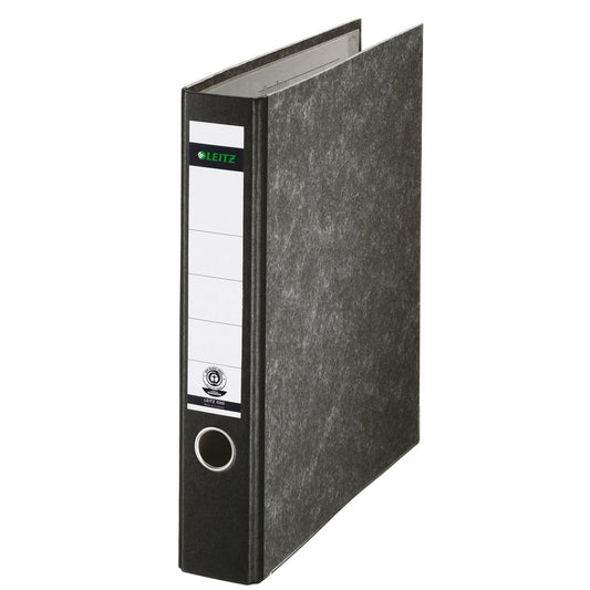 Leitz Ordner 60mm DIN A4 Rückenschild: geklebt ohne Schlitze Werkstoff: Graupappe, recycelt Material außen: Papier Material innen: Papier schwarz