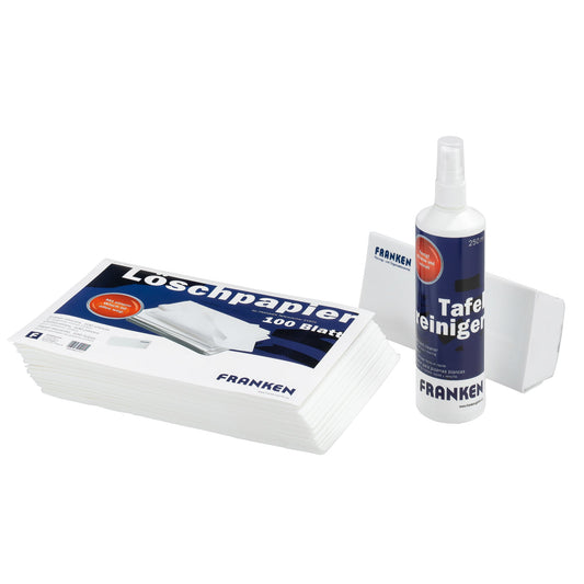 FRANKEN Tafelreinigungsset inkl. 1 Reinigungsspray (250 ml) mit umweltfreundlichem Pumpzerstäuber, 1 Tafelwischer magnetisch, 100 Bl. Löschpapier pro Set