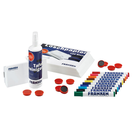 FRANKEN Starterset Magnettafel 10 x trocken abwischbare Tafelschreiber farbig sortiert, 10 x farbige Haftmagnete Ø 32mm, 1 x magnetischer Tafelwischer, 100 Bl. Löschpapier, 1 x Reinigungsspray 250 ml