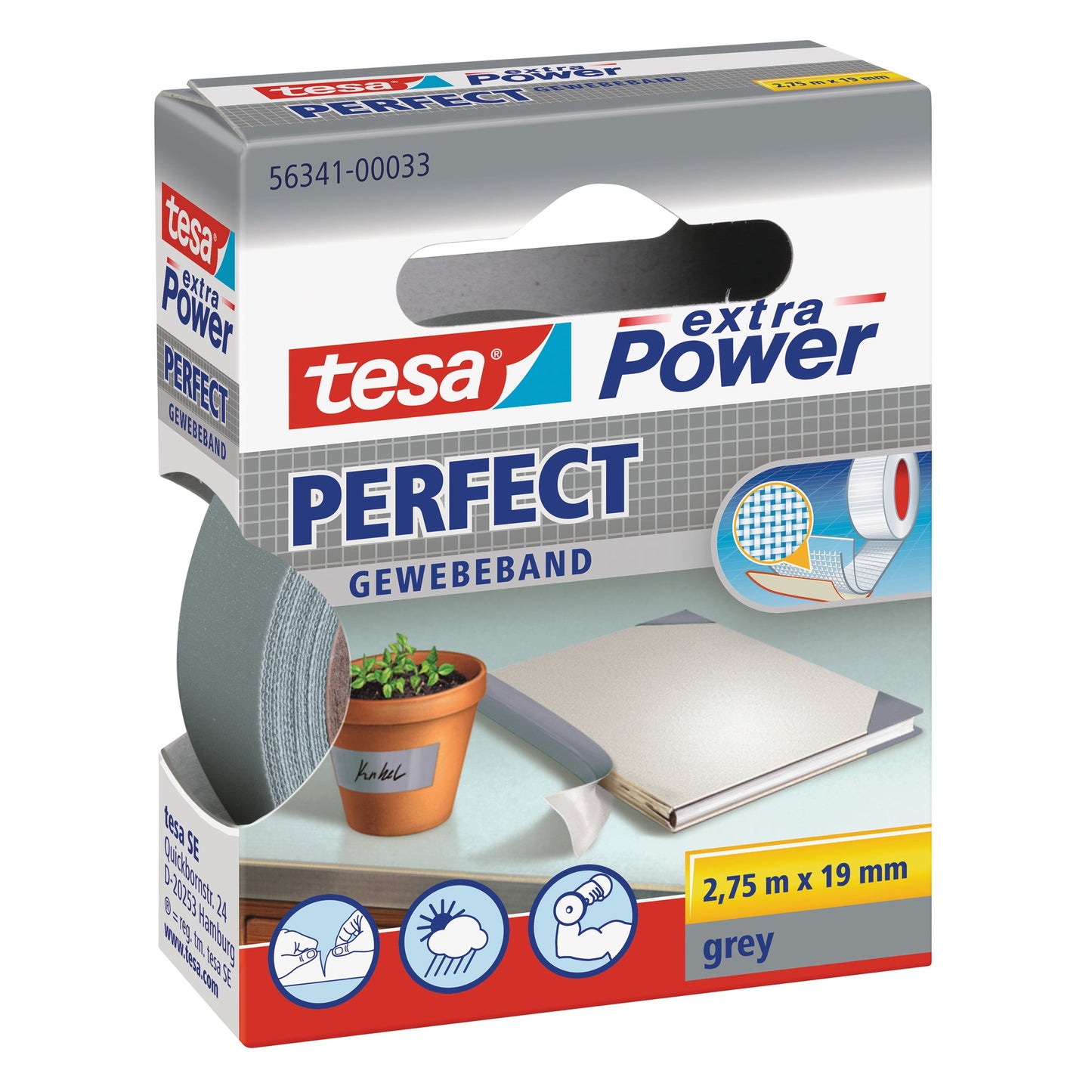 tesa® Gewebeband extra Power® Perfect Innenbereich, Außenbereich 19 mm x 2,75 m (B x L) grau