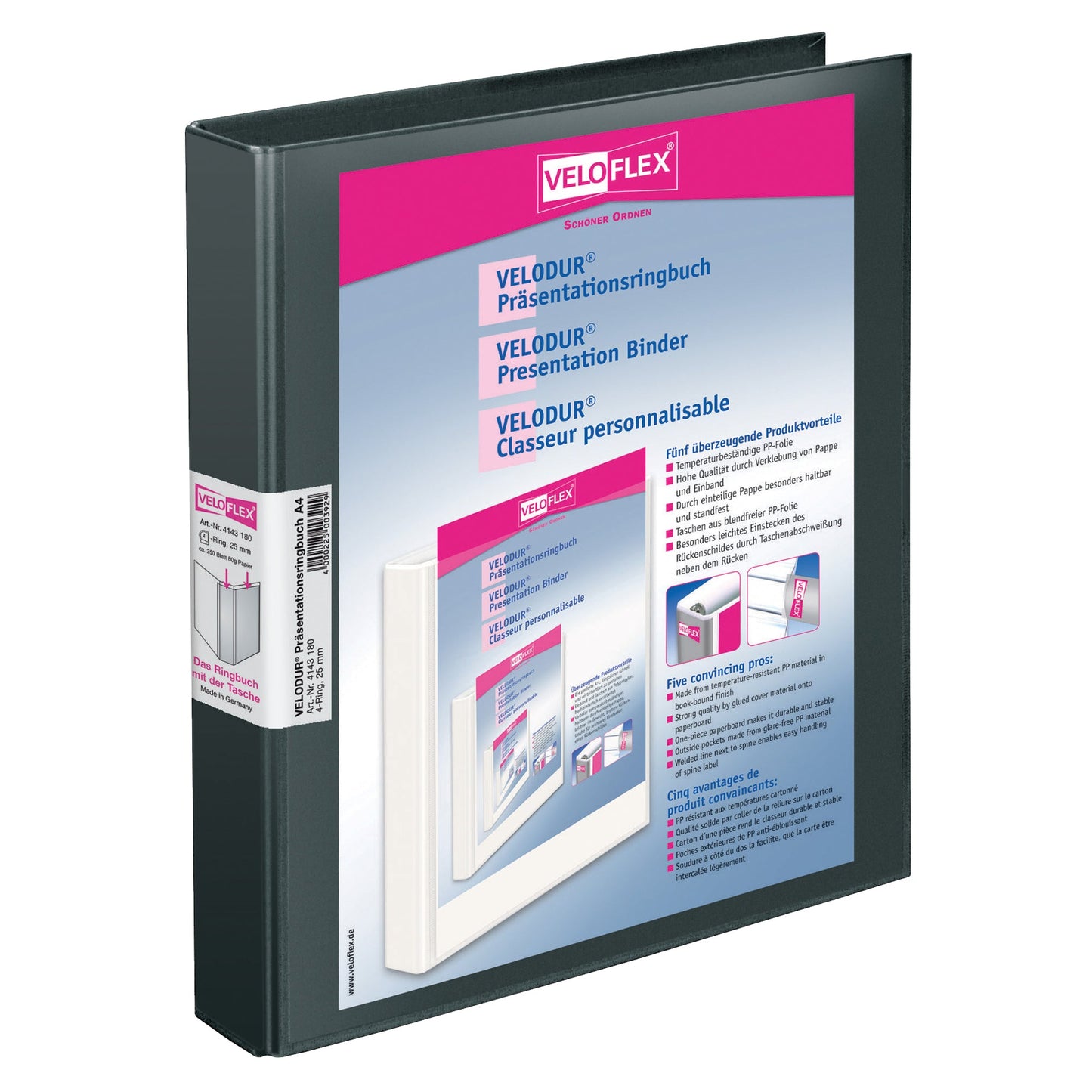 Veloflex Präsentationsringbuch VELODUR® 40mm DIN A4 4 Ringe, D-Mechanik Pappe schwarz