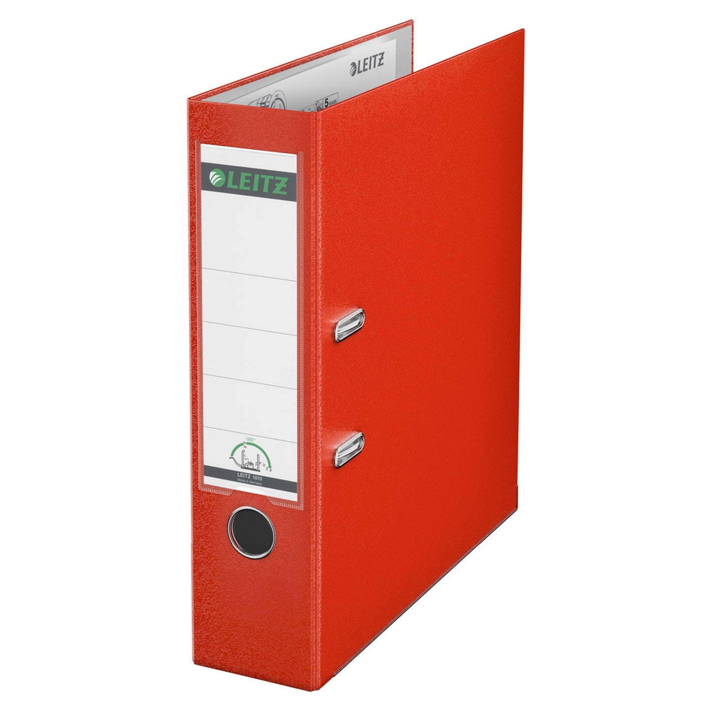 Leitz Ordner 80mm DIN A4 Rückenschild: einsteckbar mit Schlitzen Werkstoff: Graupappe, recycelt Material außen: Polypropylenfolie Material innen: Papier, PE beschichtet hellrot
