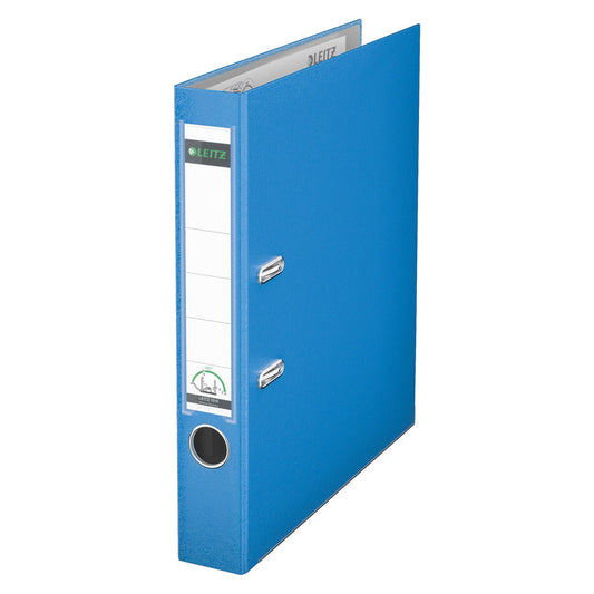 Leitz Ordner 52mm DIN A4 Rückenschild: einsteckbar mit Schlitzen Werkstoff: Graupappe, recycelt Material außen: Polypropylenfolie Material innen: Papier, PE beschichtet hellblau