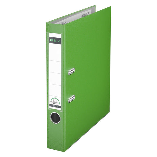 Leitz Ordner 52mm DIN A4 Rückenschild: einsteckbar mit Schlitzen Werkstoff: Graupappe, recycelt Material außen: Polypropylenfolie Material innen: Papier, PE beschichtet hellgrün