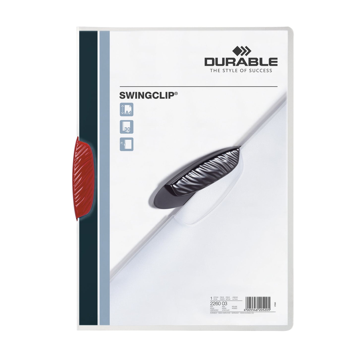 DURABLE Klemmmappe SWINGCLIP® DIN A4 Polypropylen Farbe der Rückseite: transparent Farbe der Klemme: rot