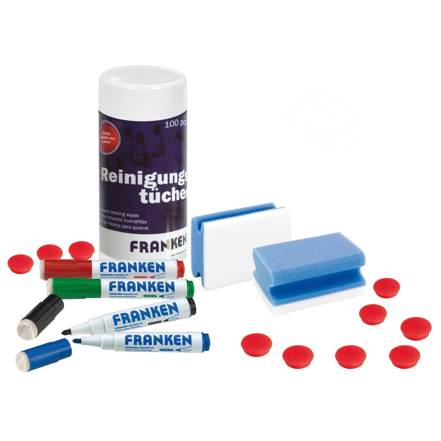 FRANKEN Starterset Magnettafel 4 KombiMarker MagWrite (rot, grün, blau, schwarz) mit Schwamm u. magnetischer Kappe, 1 x 100 St./Pack. feuchte Reinigungstücher, 2 Reinigungsschwämme X-Wipe, 10 Magnete rot, grün, blau, schwarz